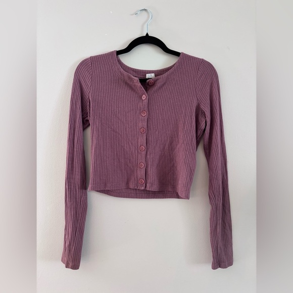 Aritzia Tops - Aritzia Wilfred Free Ribbed Button-Front Long Sleeve Crop Cardigan, Mauve, Small